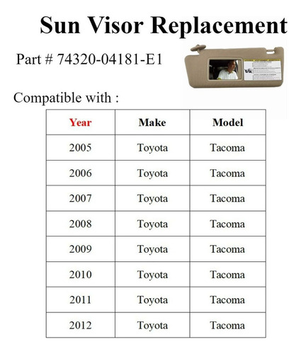 Para Toyota Tacoma Beige Visera Izquierda Del Conductor Foto 6