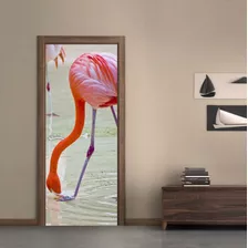 Vinilo Para Puerta Pajaro Ave Flamenco Rosa Naturaleza Deco