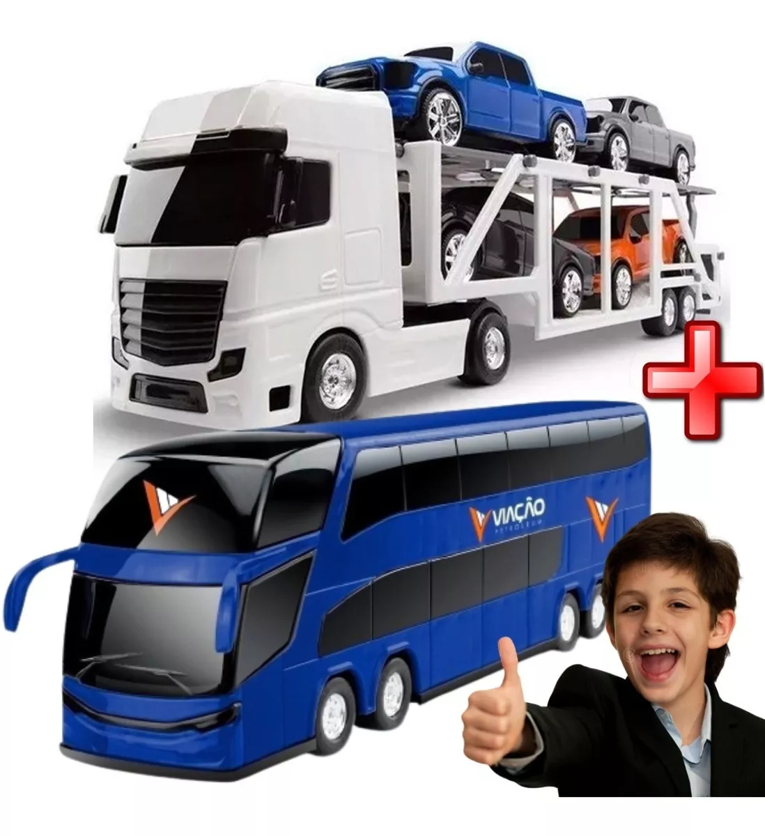 Kit Ônibus 2 Andares + Caminhão Cegonheira + 4 Carrinhos