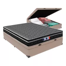 Cama + Box Baú Casal Bege Colchão Resistente Comfort Prime