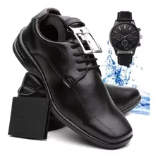Sapato Masculino Confort Couro Combo Carteira Cinto Relógio