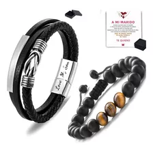 2pzs Pulsera Piel Hombre De Plata Regalos Hombre Para Marido