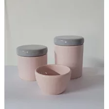 Kit Higiene Bebê Porcelana 3 Peças Rosa Antigo E Cinza.