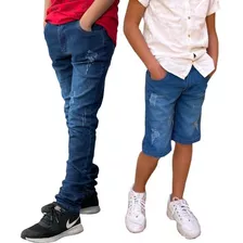 Calça Jeans Masculina Juvenil Com Bermuda Infantil Elastano