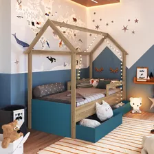 Cama Infantil Montessoriana Com Gavetas Aveiro Com Azul