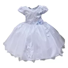 Vestido Infantil Branco Renda Aplique Borboletas Brilho Luxo