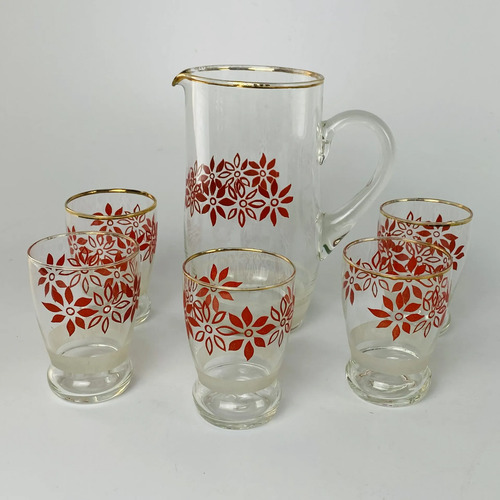 Jogo Jarra E 5 Copos Vidro Floral Vermelho Vintage Branco 2