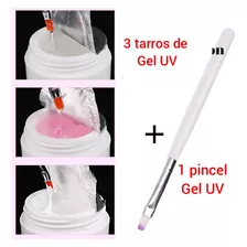 3 Tarros De Gel Uv + Pincel Uñas Semipermanente Constructor