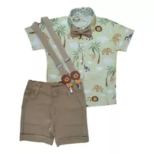 Conjunto Roupas De Bebe Menino Camisa Social Infantil Safari Verde Com Gravata Infantil E Suspensorio