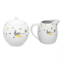 Açucareiro E Leiteira Porcelana Honey Abelhinha Bee Happy Cor Branco