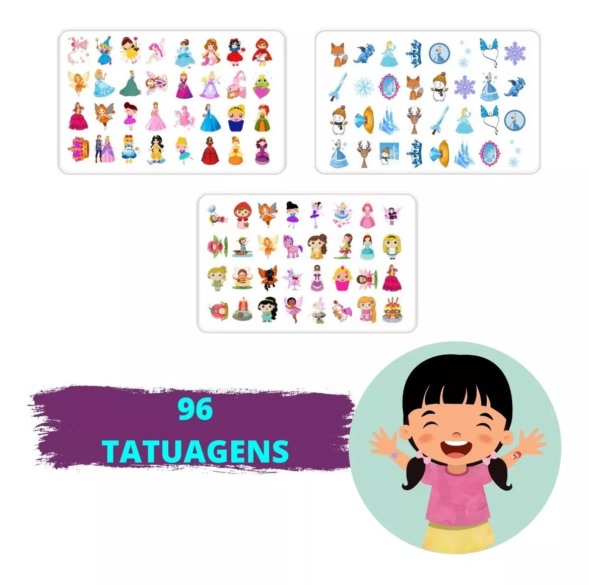 96 Tatuagem Temporária Infantil - Temas Meninas
