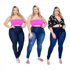 Kit De 3 Calça Plus Size Jeans Feminina Cintura Alta Cós Alt