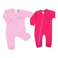 Macacão Bebe Menina Com Ziper Combo 02 Peças Pink E Rosa 