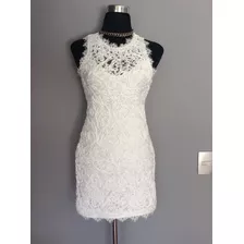 Po Vestido Blanco De Encaje Con Textura, Talla Xs/36.