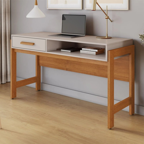 Escrivaninha Para Escritório Minimalista 135cm Com Gaveta Cinamomo/off White