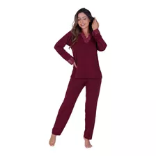 Pijama Manga Longa Feminino Luxo Liganete Renda W1273