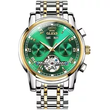 Relógio Olevs Masculino Automático Caixa Suíça Prata E Verde