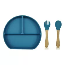 Plato Silicona C/cuchara Y Tenedor Antideslizante Colores Color Azul Marino