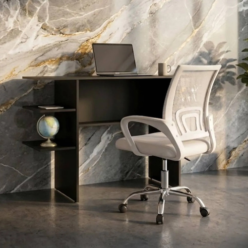 Kit Mesa 90x77 C/ Cadeira Tecido Mesh Respirável Giratória Preto/branco
