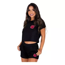 Pijama Feminino Baby Doll Cropped Bordado Naruto Akatsuki