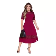 Vestido Luxo Midi Evangélico Manga Tule Renda Rodado Culto