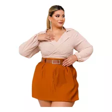 Conjunto Plus Size Blusa Manga Longa Short Saia Cinto Couro