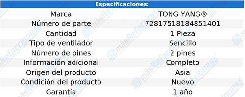 Motoventilador Sencillo Nissan Tsuru L4 1.6l 96 Al 17 Tyg Foto 2