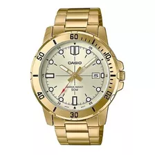 Relógio De Pulso Casio Dress Mtp-vd01g-9evudf Com Corpo Dourado, Analógico, Para Masculino, Fundo Bege, Com Correia De Aço Inoxidável Cor Dourado, Agulhas Cor Dourado, Branco E Vermelho, Subdials De