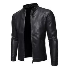 Chaqueta De Cuero Para Hombre, Motociclista, Cuello Alto