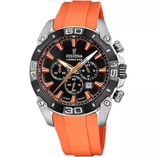 Reloj Pulsera Festina Chrono Bike F20544/3 De Cuerpo Color Plateado, Analógico, Para Hombre, Fondo Negro, Con Correa De Goma Color Naranja, Agujas Color Plateado, Blanco Y Naranja, Dial Gris Y Blanco 