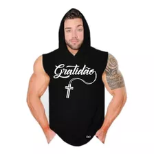 Camiseta Cavada Com Capuz Machão Academia Estampada Gratidão