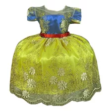 Vestido Branca De Neve Azul E Amarelo Luxo Realeza Saiote