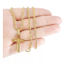 Corrente Fina Pingente Cruz Pai Nosso Cordão Banho Ouro 18k