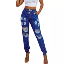 Calça Jogger Jeans Feminina Destroyed Cintura Alta Blogueira