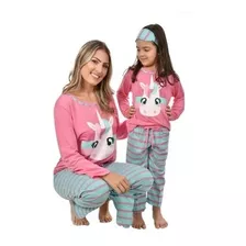 Pijama Mãe E Filha Unicórnio Feminino Longo De Inverno Fecha