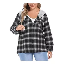 Camisa Feminina De Flanela Xadrez Com Capuz Plus Size Manga