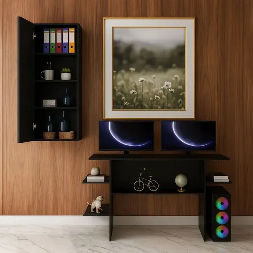 Kit Mesa C/3 Nichos Armário 1 Porta Organização P/sala Preto