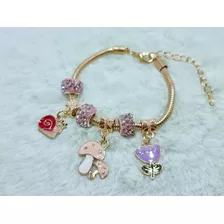 Pulsera Estilo Caracol , Champiñón,charm Rosada Para Niña.