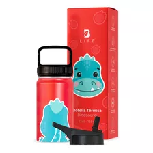 Termo De Agua Para Niños 355 Ml. Con Popote Y Asa. B Life Dinosaurio