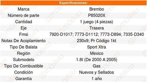 Set-4 Balatas Traseras Volkswagen Passat L4 1.8l 00/05 Foto 3