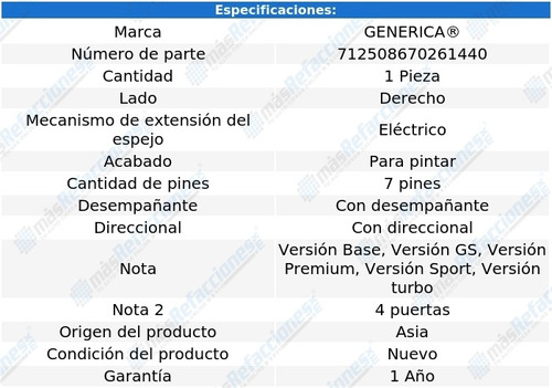 Espejo Derecho Elect P/pintar C/desemp C/direcc Regal 11-15 Foto 2