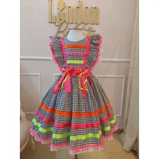 Vestido Junino Caipira Xadrez Neon