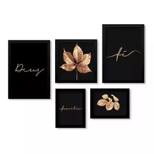 Kit 5 Quadros Decorativos Folha Frase Deus Fé Dourado Vidro