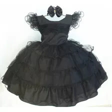 Vestido Infantil Fantasia Wandinha Aniversario Tematico Luxo