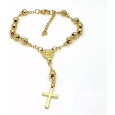 Pulseira Feminina Terço Com Crucifixo Folheada Ouro Ref:353