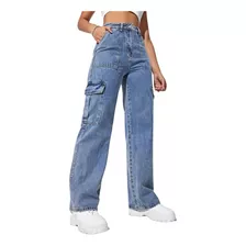 Calça Cargo Wide Leg Jeans Feminina Tendência 100% Jeans