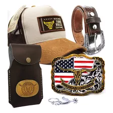 Kit Capinha Cowboy Bone Fivela + Cinto Country Chaveiro Farm