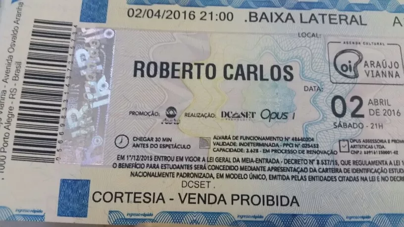 Raro Ingresso Show Roberto Carlos