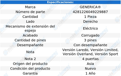 Espejo Grand Cherokee 1999 2001 2003 2004 Elect Copiloto Foto 2