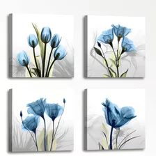 Set 4 Cuadros Decorativos Flores Azules Canvas Sala Comedor